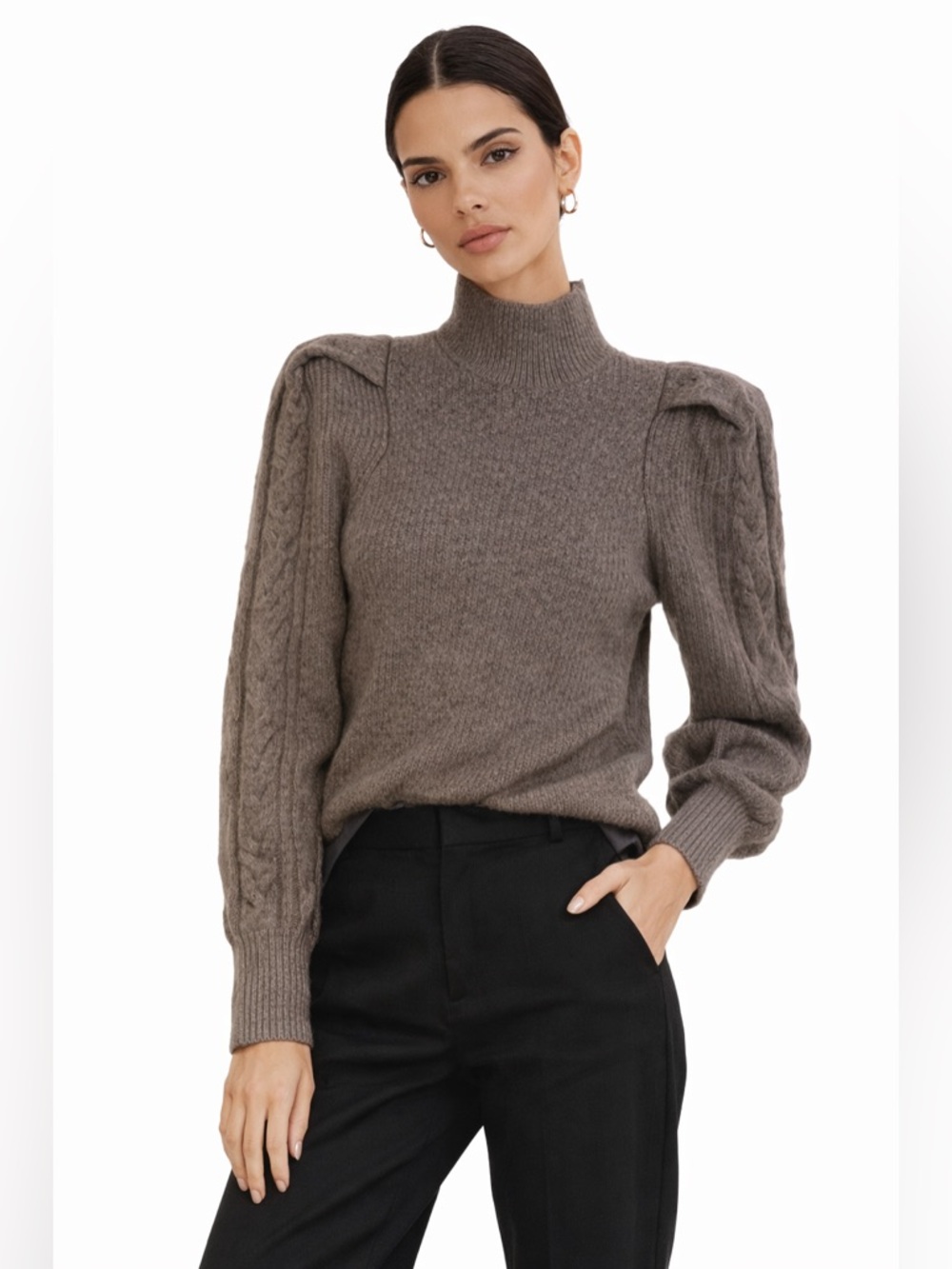 Cable Knit Puff Shoulder Mock‎ Neck Sweater Taupe Brown Ribbed Long Sleeve